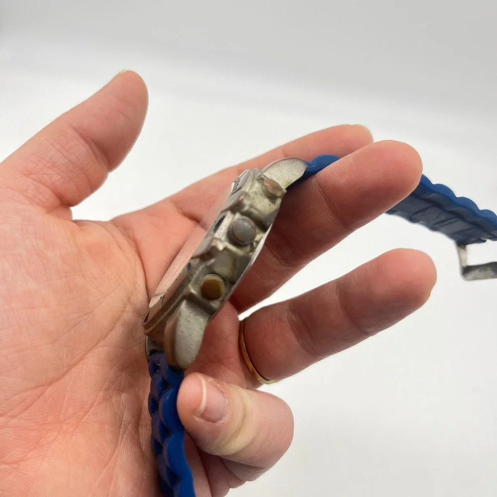Titanium Quartz Watch Blue Silicone‎ Strap Silver Chronograph Dial Japan Movt